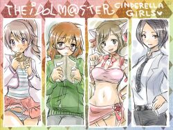  4girls animal_ears araki_hina asahi_yanagi bad_id bad_pixiv_id bell black_hair blush book breasts brown_eyes brown_hair cat_ears doughnut eating food glasses idolmaster idolmaster_cinderella_girls jacket maekawa_miku medium_breasts midriff multiple_girls navel necktie panties pantyshot ponytail purple_eyes ribbon shiina_noriko short_hair skirt small_breasts smile striped_clothes striped_panties togo_ai track_jacket underwear white_panties 