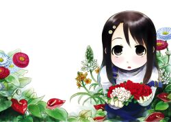  black_eyes black_hair blush commentary_request female flower hair_flower hair_ornament highres kannasetsuna long_hair open_mouth original photoshop_(medium) solo suspenders 