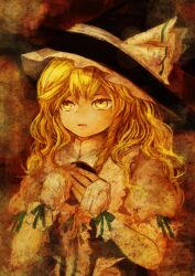  blonde_hair braid commentary_request curiosities_of_lotus_asia female hands_on_own_chest hat hat_ribbon kirisame_marisa kutouten long_hair photoshop_(medium) ribbon single_braid solo touhou witch_hat yellow_eyes 