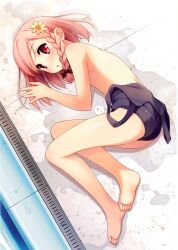  :o absurdres ass bare_legs bare_shoulders barefoot blue_one-piece_swimsuit blush braid clothes_pull convenient_arm drain_(object) feet female highres kantoku looking_at_viewer lying on_side one-piece_swimsuit one-piece_swimsuit_pull one-piece_tan open_mouth photoshop_(medium) pink_eyes pink_hair pool poolside school_swimsuit shiny_skin side_braid soles solo swimsuit tan tanlines water wet your_diary yua_(your_diary) 