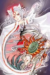  amaterasu animal animal_ears okami okami orange_eyes paintbrush reveriedream white_hair wolf wolf_ears 