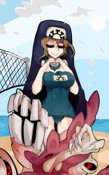  bad_deviantart_id bad_id beach blonde_hair breasts closed_eyes double_(skullgirls) extra_mouth eyelashes female heart heart_hands large_breasts monster nun one-piece_swimsuit school_swimsuit skullgirls slugbox smile solo swimsuit volleyball_net 