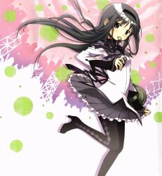  akemi_homura akemi_homura_(magical_girl) aoki_ume black_eyes black_hair blush circle_skirt explosive female grenade hairband highres long_hair mahou_shoujo_madoka_magica mahou_shoujo_madoka_magica_(anime) mouth_hold official_art pantyhose photoshop_(medium) purple_eyes ribbon skirt solo weapon 