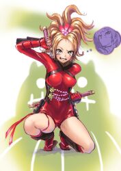  blonde_hair breasts commentary_request crying crying_with_eyes_open female hair_ornament hairpin kodachi leotard medium_breasts nail_polish natsu_(soulcalibur) ninja ponytail red_leotard ribbon sandals sheath shibire_hitsuji short_sword skin_tight solo soulcalibur soulcalibur_v squatting sword tabi taki_(soulcalibur) tears unsheathing weapon you_gonna_get_raped 