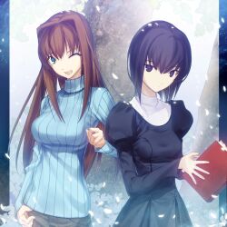  2girls aikura_chihiro aozaki_aoko black_eyes black_hair blue_eyes book brown_hair commentary_request dress hair_intakes highres kuonji_alice long_hair mahou_tsukai_no_yoru multiple_girls one_eye_closed photoshop_(medium) puffy_sleeves purple_eyes ribbed_sweater short_hair snowing sweater turtleneck 