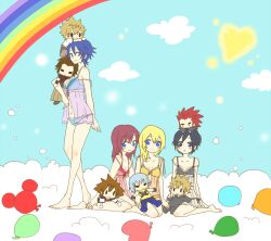  4girls aqua_(kingdom_hearts) axel_(kingdom_hearts) babydoll balloon barefoot black_coat_(kingdom_hearts) black_hair blonde_hair blue_eyes blue_hair commentary_request doll kairi_(kingdom_hearts) kingdom_hearts kingdom_hearts_358/2_days kingdom_hearts_birth_by_sleep lingerie midriff multiple_girls namine nuntaso rainbow red_hair riku_(kingdom_hearts) roxas seiza short_hair sitting sora_(kingdom_hearts) terra_(kingdom_hearts) underwear ventus_(kingdom_hearts) wariza xion_(kingdom_hearts) 