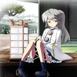  andon_(lighting) bare_legs between_legs commentary_request female grey_eyes grey_hair hat japanese_clothes kariginu lantern long_hair looking_away mononobe_no_futo ponytail sinzan sitting solo tatami tate_eboshi touhou unworn_hat unworn_headwear veranda 