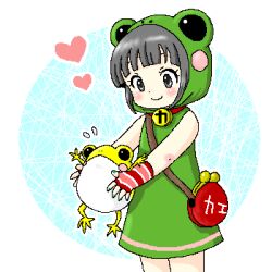  animal_costume bag black_eyes black_hair blunt_bangs commentary_request female frog frog_costume grey_hair heart hood lolicon lowres oekaki original panpukin short_hair smile solo 