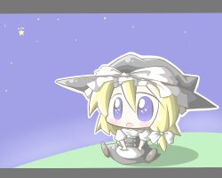  aoblue blonde_hair chibi commentary_request female hat kirisame_marisa letterboxed open_mouth sitting solo touhou witch_hat 