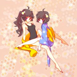  2girls ahoge araragi_karen araragi_tsukihi bare_shoulders barefoot black_hair bob_cut bottomless breasts cleavage commentary_request egg_(food) egg_hair_ornament food food-themed_hair_ornament fried_egg hair_ornament highres honeycomb_(pattern) honeycomb_background incest jacket japanese_clothes kimono long_hair long_legs looking_at_viewer looking_back monogatari_(series) msk multiple_girls nisemonogatari short_hair siblings side_ponytail sisters small_breasts tank_top tribadism unworn_jacket yuri 