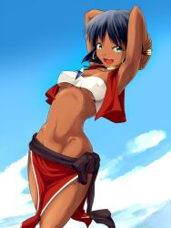  :d armpits arms_behind_head arms_up bandeau black_hair bob_cut bracelet breasts cloud commentary_request cowboy_shot dark-skinned_female dark_skin day earrings female fushigi_no_umi_no_nadia green_eyes hayashi_ekyuu highres jewelry loincloth medium_breasts midriff nadia_la_arwall navel neck_ring necklace open_mouth pelvic_curtain short_hair sky smile solo strapless stretching underboob vest 