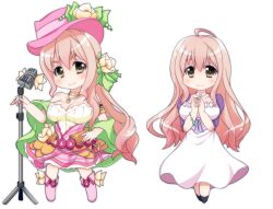  bare_shoulders belt bracelet breasts brown_eyes chibi cleavage commentary_request dress dual_persona female flower hand_on_own_hip hat idolmaster idolmaster_cinderella_girls jewelry large_breasts long_hair microphone microphone_stand necklace oborotsuki_kakeru own_hands_together pink_hair saionji_kotoka smile 