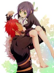  1boy aquarion_(series) aquarion_evol bad_id bad_pixiv_id barefoot bow female gloves hair_bun kagura_demuri micro3micro mikono_suzushiro red_hair single_hair_bun 