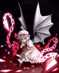  bat_wings black_background chains commentary_request dark_background female glowing gradient_hair hat light_purple_hair miserable_fate multicolored_hair red_eyes remilia_scarlet short_hair simple_background skirt skirt_hold skirt_set soaking_feet solo tkln touhou wading water wings 