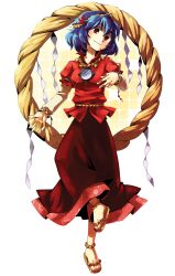  anklet blush commentary_request female hair_ornament highres jewelry leaf long_skirt mirror nightea photoshop_(medium) purple_hair red_eyes rope sandals shimenawa short_hair skirt smile solo standing standing_on_one_leg touhou yasaka_kanako 