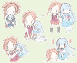  2girls aisaka_sayo asakura_kazumi blue_hair ghost heart lowres mahou_sensei_negima! multiple_girls red_hair school_uniform skirt sleeping 