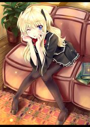  :p aldehyde blonde_hair book commentary_request female indoors legs long_hair long_legs one_eye_closed pantyhose quiz_magic_academy shalon sitting solo tongue tongue_out 