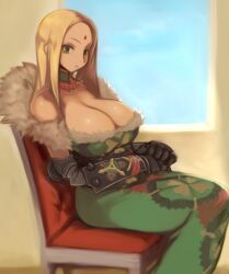  blonde_hair breasts chair cleavage commentary_request dress female fur gauntlets green_dress green_eyes huge_breasts jewelry kelma_wordein long_hair necklace sitting solo summon_night summon_night_2 window zarusobababa 