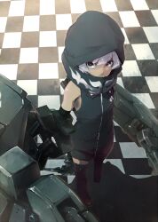  black_rock_shooter checkered_floor commentary_request female hood hoodie konishi_(koconatu) long_hair mechanical_arms single_mechanical_arm solo strength_(black_rock_shooter) tail thighhighs white_hair yellow_eyes 