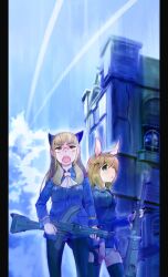  2girls amelie_planchard animal_ears ascot bad_id bad_pixiv_id black_pantyhose black_thighhighs blonde_hair cat_ears cat_girl glasses green_eyes gun military military_uniform multiple_girls no_pants open_mouth panties pantyhose perrine_h._clostermann pillarboxed rabbit_ears rabbit_girl samuhara strike_witches strike_witches:_katayoku_no_majo-tachi thighhighs underwear uniform weapon world_witches_series yellow_eyes 