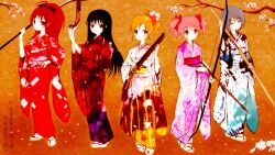  5girls akemi_homura antique_firearm arquebus arrow_(projectile) bad_id bad_pixiv_id bow_(weapon) branch cherry_blossoms firelock floral_print flower furisode gun handgun highres japanese_clothes kaname_madoka katana kimono kyuubee long_hair mahou_shoujo_madoka_magica mahou_shoujo_madoka_magica_(anime) matchlock miki_sayaka multiple_girls naginata obi petals polearm sakura_kyoko sandals sash sword tabi tanegashima_(gun) tomoe_mami weapon yoshinogai yumi_(bow) zouri 