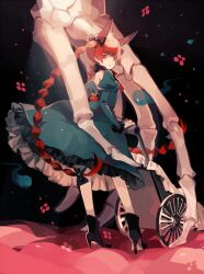  animal_ears boots braid cat_ears clea_(geee13) commentary dress female high_heels hitodama kaenbyou_rin long_hair red_eyes red_hair shoes skeleton solo touhou twin_braids wheelbarrow 