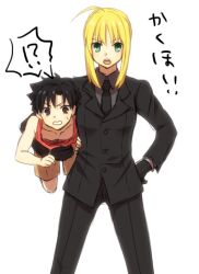  1boy afjc aged_down ahoge artoria_pendragon_(fate) black_eyes black_gloves black_hair blonde_hair carrying carrying_under_arm commentary_request emiya_kiritsugu fate/zero fate_(series) female formal gloves green_eyes lolicon necktie pant_suit pants photoshop_(medium) saber_(fate) suit tank_top time_paradox 