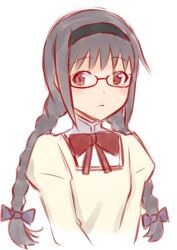  akemi_homura black_hair blush bow braid brown_eyes female glasses ha-ru hairband hairbow long_hair mahou_shoujo_madoka_magica mahou_shoujo_madoka_magica_(anime) mitakihara_school_uniform photoshop_(medium) red-framed_eyewear school_uniform solo twin_braids 