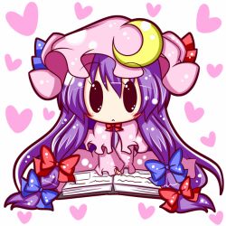  :&lt; blush book bow chibi commentary_request crescent female hairbow heart komakoma_(magicaltale) long_hair o_o patchouli_knowledge solo touhou 