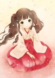  bad_id bad_pixiv_id black_hair blush cherry_blossoms female flower japanese_clothes kneeling long_hair miko mizutamako original solo twintails 