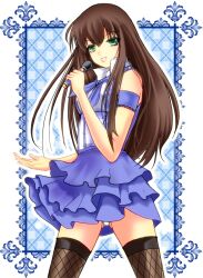  bad_id bad_pixiv_id brown_hair dress female fishnet_thighhighs fishnets green_eyes idolmaster idolmaster_cinderella_girls long_hair microphone never_say_never_(idolmaster) panties pantyshot photoshop_(medium) plaid ponytail_korosuke ribbon shibuya_rin smile solo thighhighs underwear white_panties 