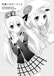  4girls bat_hair_ornament cape chibi commentary_request fuyuichi greyscale hair_ornament hat kurugaya_yuiko little_busters! little_busters!_school_uniform mini_person minigirl monochrome multiple_girls natsume_rin noumi_kudryavka photoshop_(medium) school_uniform tokido_saya 