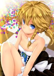  alternate_hairstyle bare_shoulders blonde_hair blue_eyes blush bow braid breasts checkered_floor chikado cleavage collarbone commentary_request dress female hairbow kirisame_marisa long_hair no_headwear ponytail puckered_lips side_braid single_braid sitting small_breasts solo star_(symbol) touhou 