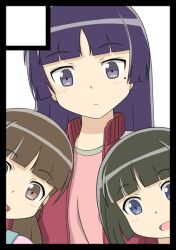  3girls black_border black_hair blue_eyes border brown_eyes brown_hair circle_cut commentary_request gokou_hinata gokou_ruri gokou_tamaki hiraizumi_(mugenkidousha) jacket long_hair multiple_girls open_clothes open_jacket ore_no_imouto_ga_konna_ni_kawaii_wake_ga_nai short_hair siblings sisters smile track_jacket track_suit twintails 