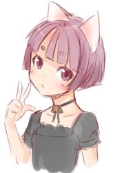  :&lt; animal_ears bell blush cat_ears choker female ha-ru jingle_bell looking_at_viewer original photoshop_(medium) purple_eyes purple_hair short_eyebrows short_hair simple_background solo v white_background 