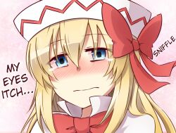  blonde_hair blue_eyes blush bow female female hairbow hard_translated hat hay_fever lily_white long_hair solo touhou translated yutamaro 