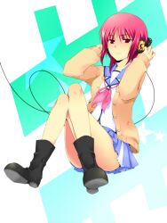  angel_beats! bad_id bad_pixiv_id boots cardigan female haitei headphones iwasawa_masami open_cardigan open_clothes red_eyes red_hair school_uniform serafuku shinda_sekai_sensen_uniform short_hair solo 