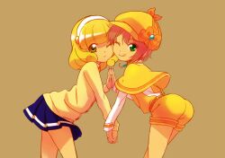  2girls ass bad_id bad_pixiv_id blonde_hair brown_background cardigan color_connection crossover green_eyes hairband harekawa hat holding_hands interlocked_fingers multiple_girls nanairogaoka_middle_school_uniform one_eye_closed pink_hair precure school_uniform season_connection short_hair shorts smile_precure tantei_opera_milky_holmes white_hairband yayoi_kise yellow_eyes yuzurizaki_nero 