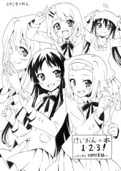  5girls akiyama_mio animal_hat arm_up blush bow bowtie buttons collared_shirt commentary_request cowboy_shot fingers_together greyscale grin hair_ornament hairband hairclip hat hirasawa_yui jewelry k-on! kneehighs kotobuki_tsumugi leg_up loafers long_hair long_sleeves looking_at_viewer monochrome multiple_girls nakano_azusa necklace nome_(nnoommee) pendant photoshop_(medium) pleated_skirt round_teeth shirt shoes sidelocks simple_background skirt smile socks standing standing_on_one_leg tainaka_ritsu tareme teeth thick_eyebrows twintails v white_background wing_collar 