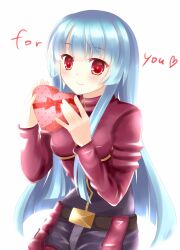  belt_buckle blue_hair blush box buckle commentary_request cropped_jacket female gift heart heart-shaped_box highres kula_diamond long_hair partial_commentary puracotte red_eyes solo the_king_of_fighters valentine 