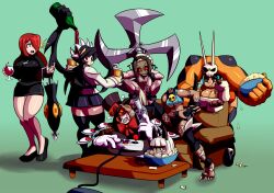  6+girls 6girls :t absurdres alcohol animal_ears annoyed aqua_hair ass bare_shoulders belt black_eyes black_hair black_legwear blue_eyes blush boots breasts brown_hair cat_ears cat_tail ceh_(sprite37) cerebella_(skullgirls) cleavage cross curvy dark_skin dress drink eating eyes filia_(skullgirls) fingerless_gloves futakuchi-onna gloves green_hair grey_hair gun hair_over_one_eye hat headless highres hips impossible_clothes impossible_shirt large_breasts lipstick long_hair makeup mask mechanical_arms minidress miniskirt ms._fortune_(skullgirls) multiple_girls nadia_fortune nail open_mouth orange_eyes orange_hair painwheel_(skullgirls) parasoul_(skullgirls) peacock_(skullgirls) playing_games ponytail prehensile_hair red_eyes red_hair ribbon samson_(skullgirls) scar shirt short_dress short_hair sitting skirt skull skullgirls smile tail thigh_boots thighhighs top_hat umbrella underboob vice-versa_(skullgirls) weapon wide_hips wince wine yellow_eyes zettai_ryouiki 