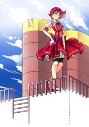  :&lt; alternate_costume awh bike_shorts bow brown_eyes cloud commentary dress female hair_ornament hairclip hand_on_own_hip highres kouzuki_anna multicolored_hair orange_hair photoshop_(medium) purple_hair shoes solo two-tone_hair wind yu-gi-oh! yu-gi-oh!_zexal 