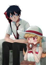  1boy ao_no_exorcist bad_id bad_pixiv_id bag black_hair blonde_hair blue_eyes blush_stickers bow crossover doughnut dress dress_shirt eating female food hat long_hair monogatari_(series) nara necktie nisemonogatari okumura_rin oshino_shinobu paper_bag photoshop_(medium) pointy_ears red_eyes shirt sitting striped striped_necktie sun_hat sundress sweatdrop 