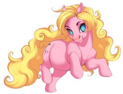  2012 blonde_hair blue_eyes cutie_mark equid equine female feral fur hair hasbro horse long_hair looking_at_viewer mammal my_little_pony overweight pink_body pink_fur pony simple_background smile solo standing uni white_background 