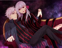  1boy alter_servant bad_id bad_pixiv_id dark_persona dark_sakura dress fate/stay_night fate/zero fate_(series) female hair_ribbon light_purple_hair long_coat long_hair matou_kariya matou_sakura red_eyes ribbon striped suziko104 time_paradox turtleneck uncle_and_niece vertical_stripes white_hair 