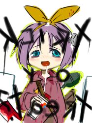  axe bad_id bags_under_eyes blood blue_eyes blush drink hair_ribbon halloween hiiragi_tsukasa lucky_star outline purple_hair ribbon saliva screw short_hair sne solo star trick_or_treat weapon 