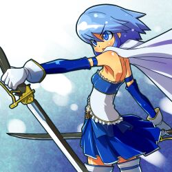  armband armpits bare_shoulders blue_eyes blue_hair cape commentary dual_wielding female gloves holding kakikukeko magical_girl mahou_shoujo_madoka_magica mahou_shoujo_madoka_magica_(anime) miki_sayaka miki_sayaka_(magical_girl) short_hair solo soul_gem strapless sword thighhighs weapon zettai_ryouiki 