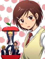  4boys apple baseball_cap beard blonde_hair blush_stickers brown_eyes brown_hair commentary_request danshi_koukousei_no_nichijou facial_hair female food formal fruit fruit_background hair_ornament hairclip hat imorimiyuki in_food karasawa_toshiyuki meme mini_person miniboy motoharu_(danshi_koukousei) multiple_boys name_connection necktie object_namesake parody president_(danshi_koukousei) ringo-chan_(danshi_koukousei) sazae-san sazae-san_food_gag_(meme) school_uniform short_hair striped striped_necktie suit sweatdrop sweater_vest tan vice_president_(danshi_koukousei) 