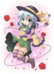  belt boots bow commentary_request eyeball female flower green_eyes green_hair hat heart komeiji_koishi kurogarasu open_mouth photoshop_(medium) ribbon rose short_hair skirt solo striped_clothes striped_thighhighs thighhighs third_eye touhou 