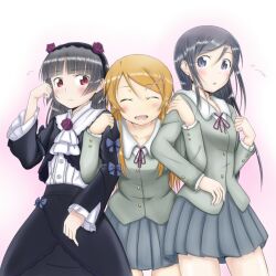  3girls aragaki_ayase black_eyes black_hair brown_hair closed_eyes commentary_request gokou_ruri gothic_lolita kousaka_kirino lolita_fashion long_hair multiple_girls ore_no_imouto_ga_konna_ni_kawaii_wake_ga_nai red_eyes roaru_(gyuren) school_uniform 